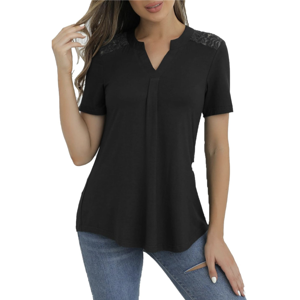 CiCiBird Shirt Womens XL Black Lace Shoulder Blouse Short Sleeve Dressy Top New